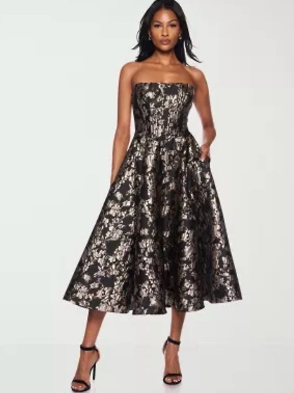Black & Gold Floral Midi Strapless Dress Fit and Flare by premier armour Medium